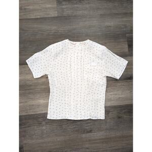 VTG 80s Tess Short Sleeve Pleated Button Back Ivory Beige Spot Blouse Womens 6p